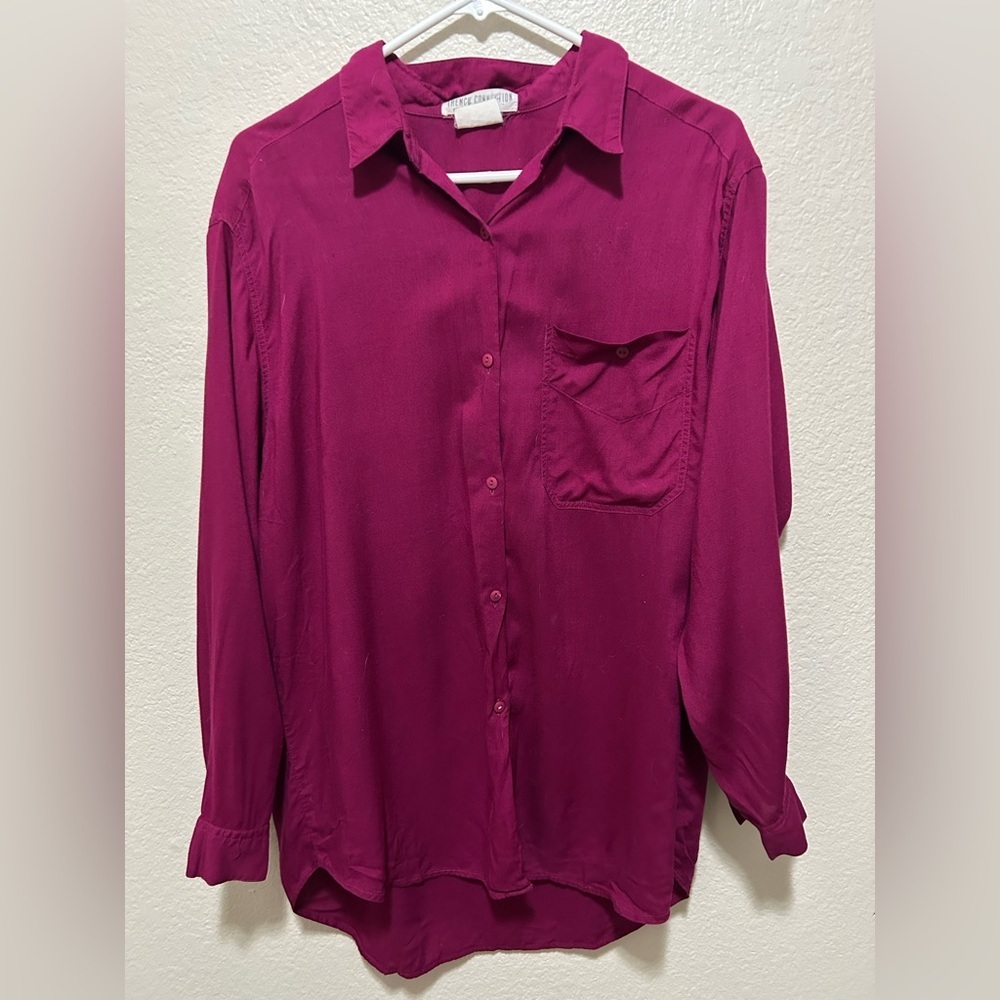 Vintage 90s French Connection Burgundy Rayon Button Down Blouse Size Medium